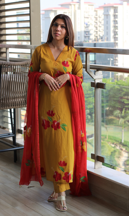 Yellow & Red Handbrush Painted Kurta, Chiffon Handpainted Dupatta & Cotton Pants