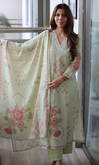 Mint Sand Linen Blend Printed Kurta, Dupatta & Cotton Pants