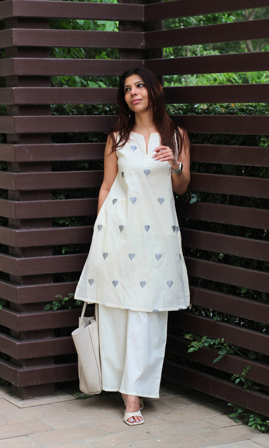 Cotton Ivory Cool Heart  Embroidered Co-ord