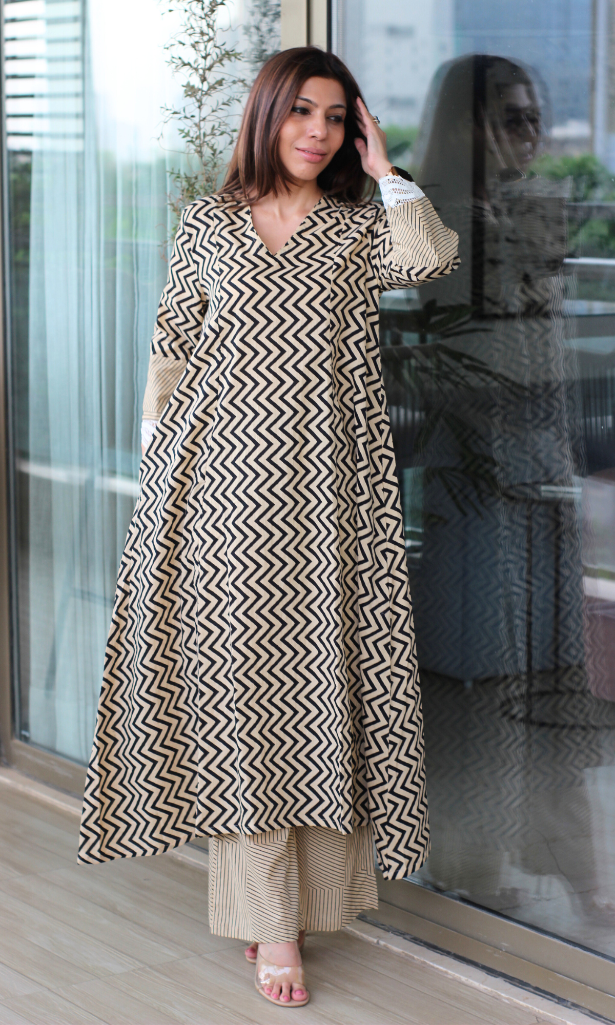 Cotton Handblock Black Zig Zest High Low Kurta & Pallazo