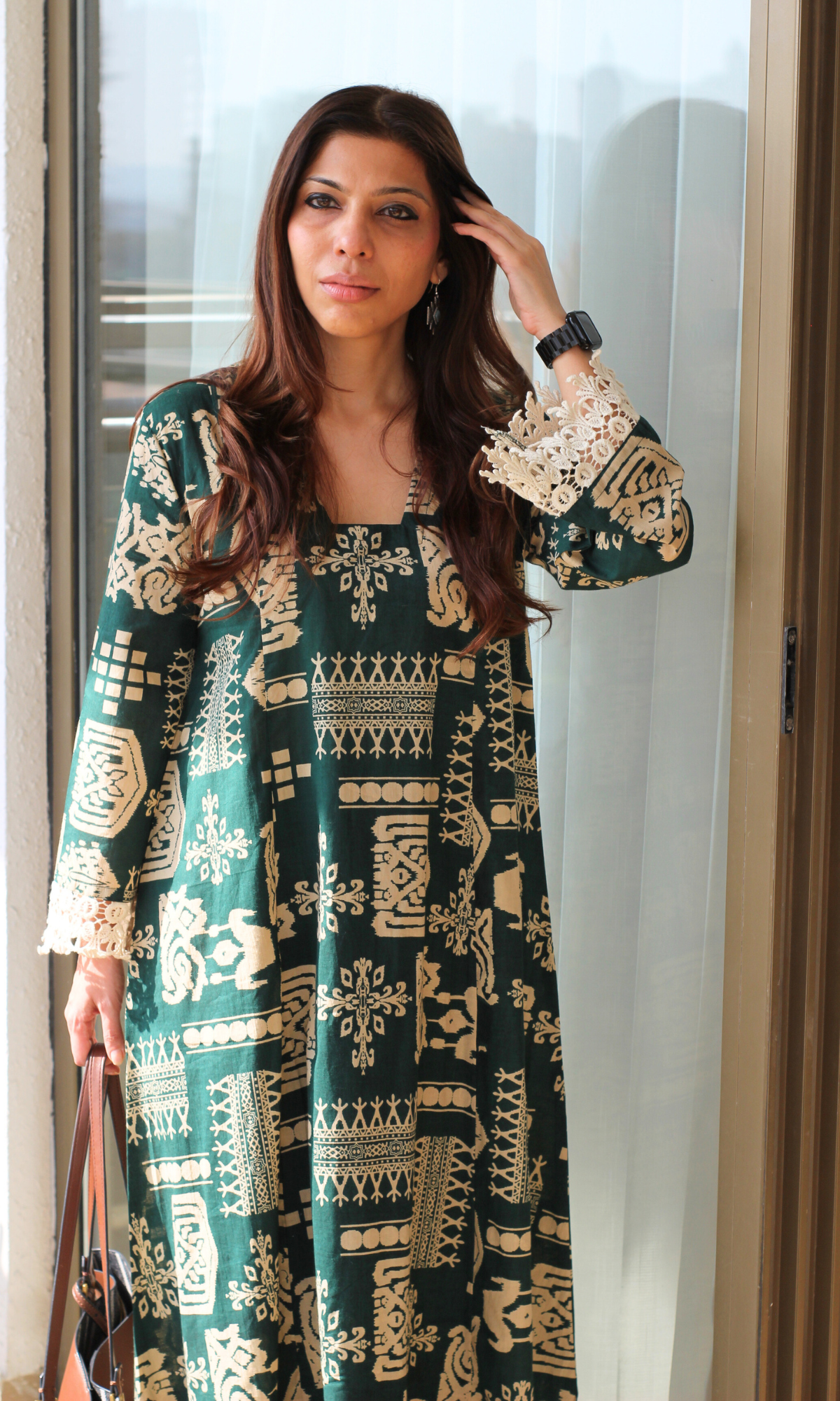 Dark Green Tribal Print Kali Kurta with Cotton Pants