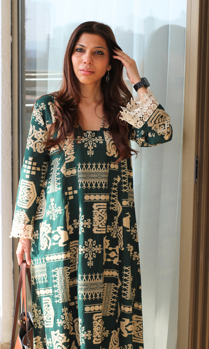 Dark Green Tribal Print Kali Kurta with Cotton Pants