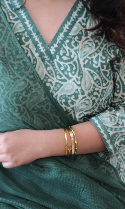 Earthy Green Dabu Printed Kurta , Pant & Kota Doria Dupatta