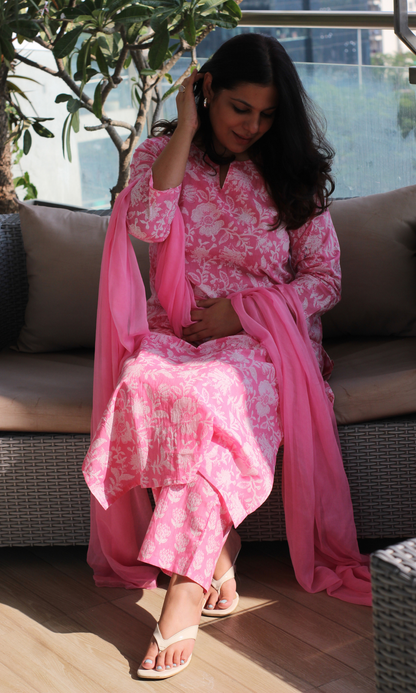 Pink Zara Cotton Printed Kurta, Pant & Chiffon Dupatta