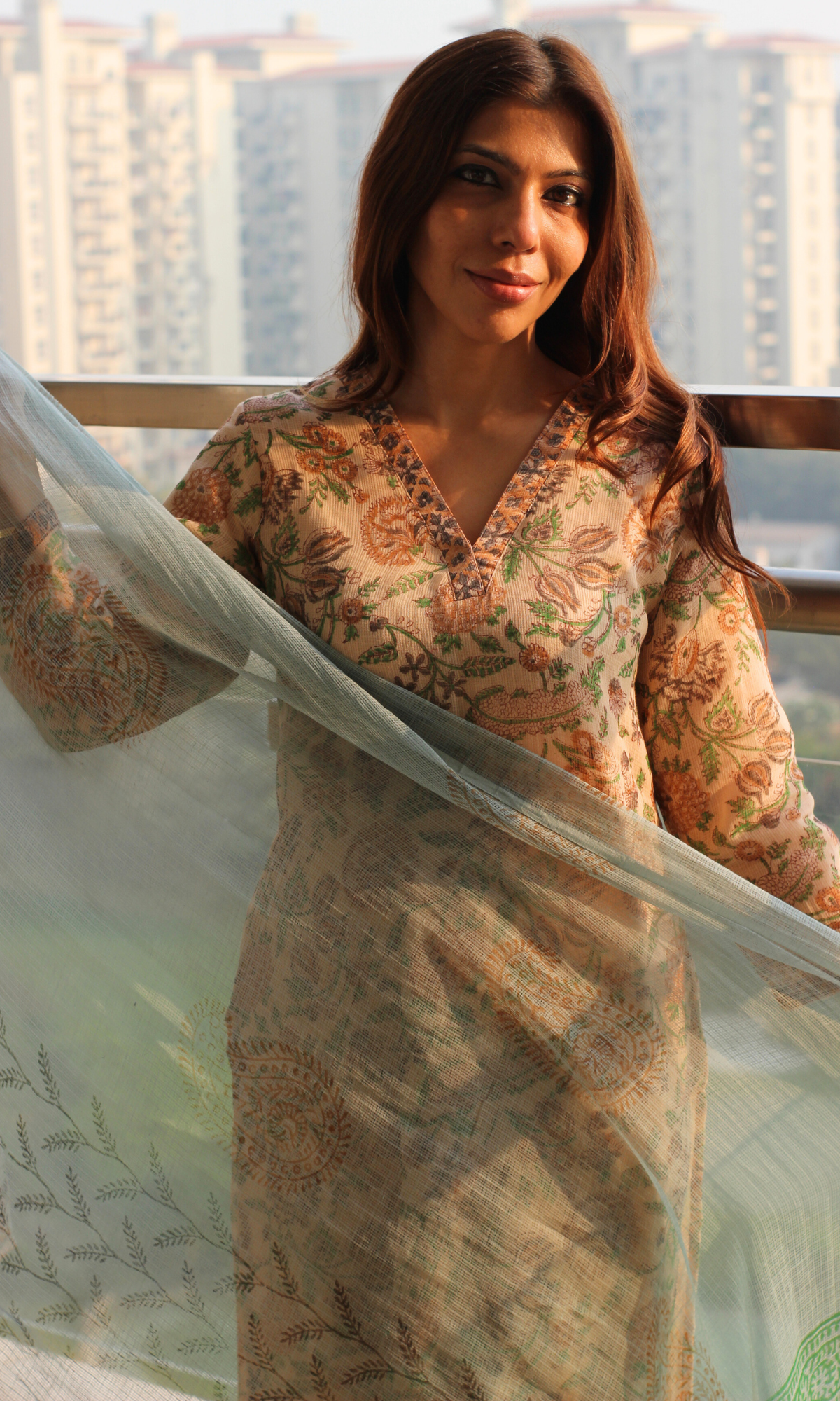 Kota Doria Beige Aqua Handblock Kalamkari Kurta, Dupatta & Cotton Pants