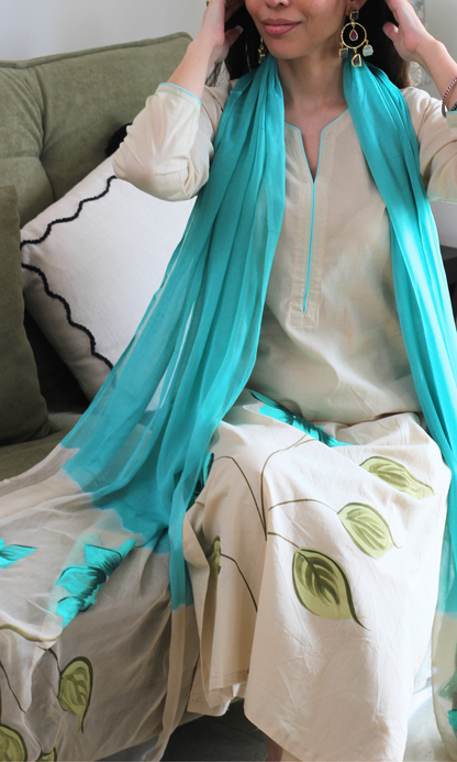 Beige & Sea Green Symphony Handbrush Painted Kurta, Cotton Pants & Chiffon Ombre Handpainted Dupatta