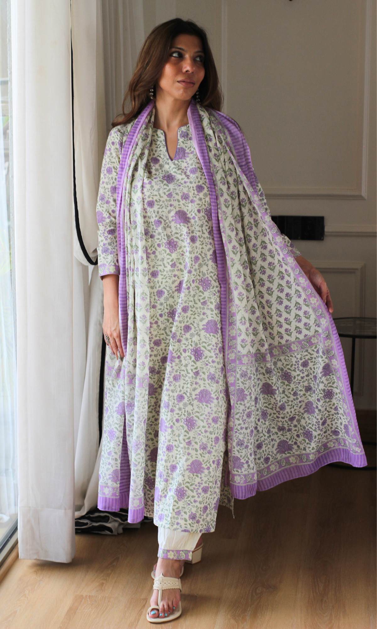 Lavender Garden Block Print Cotton Kurta, Afghani Pant and Mul Printed Dupatta