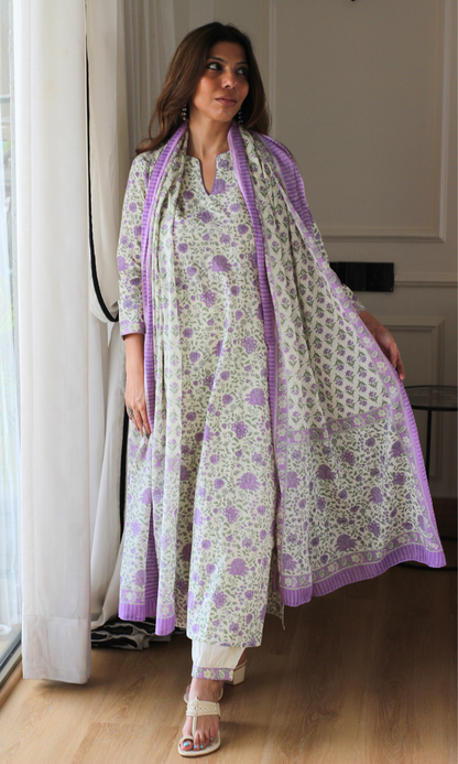 Lavender Garden Block Print Cotton Kurta, Afghani Pant and Mul Printed Dupatta