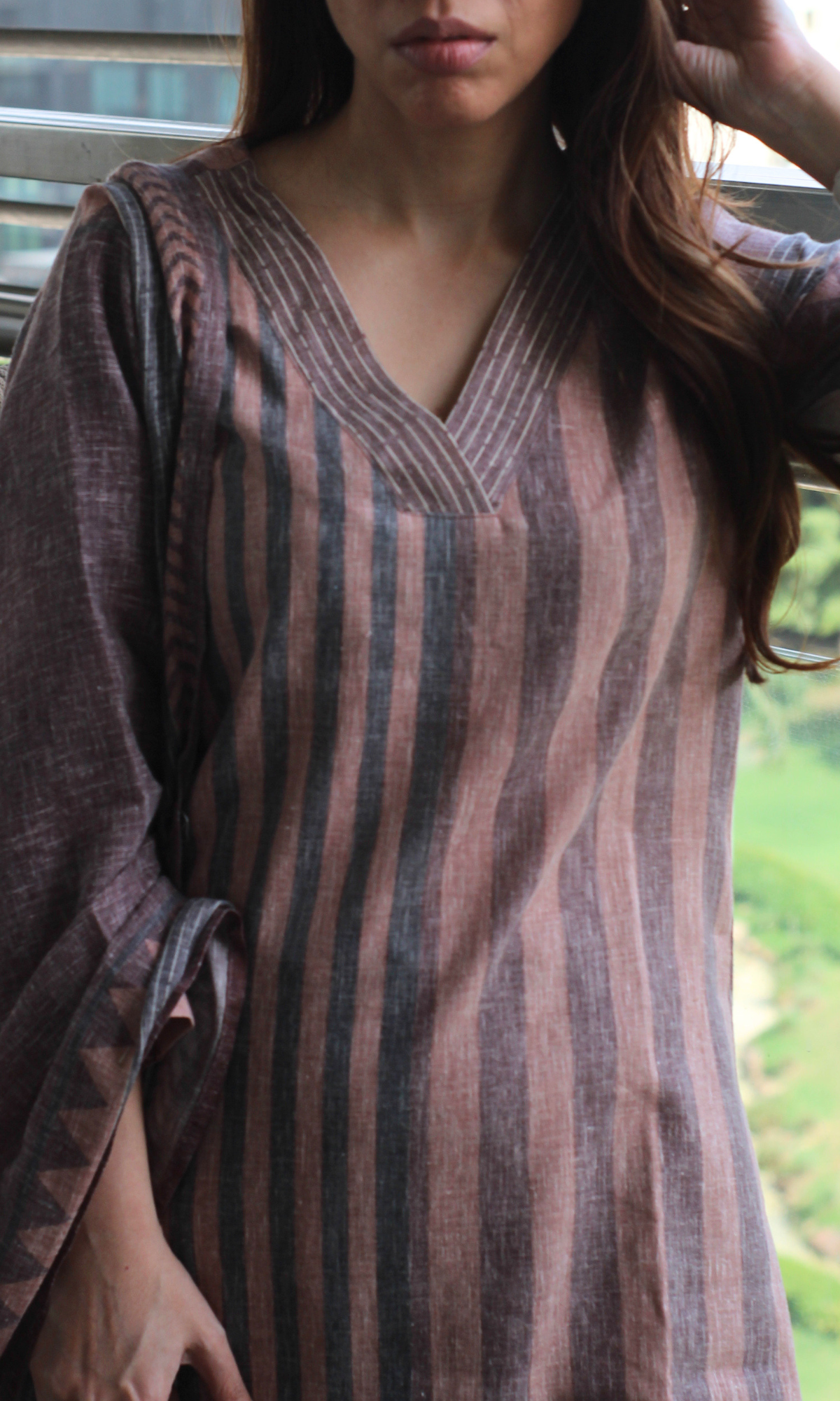 Linen Blend Mocha Striped Print Kurta ,Dupatta with Cotton Pants