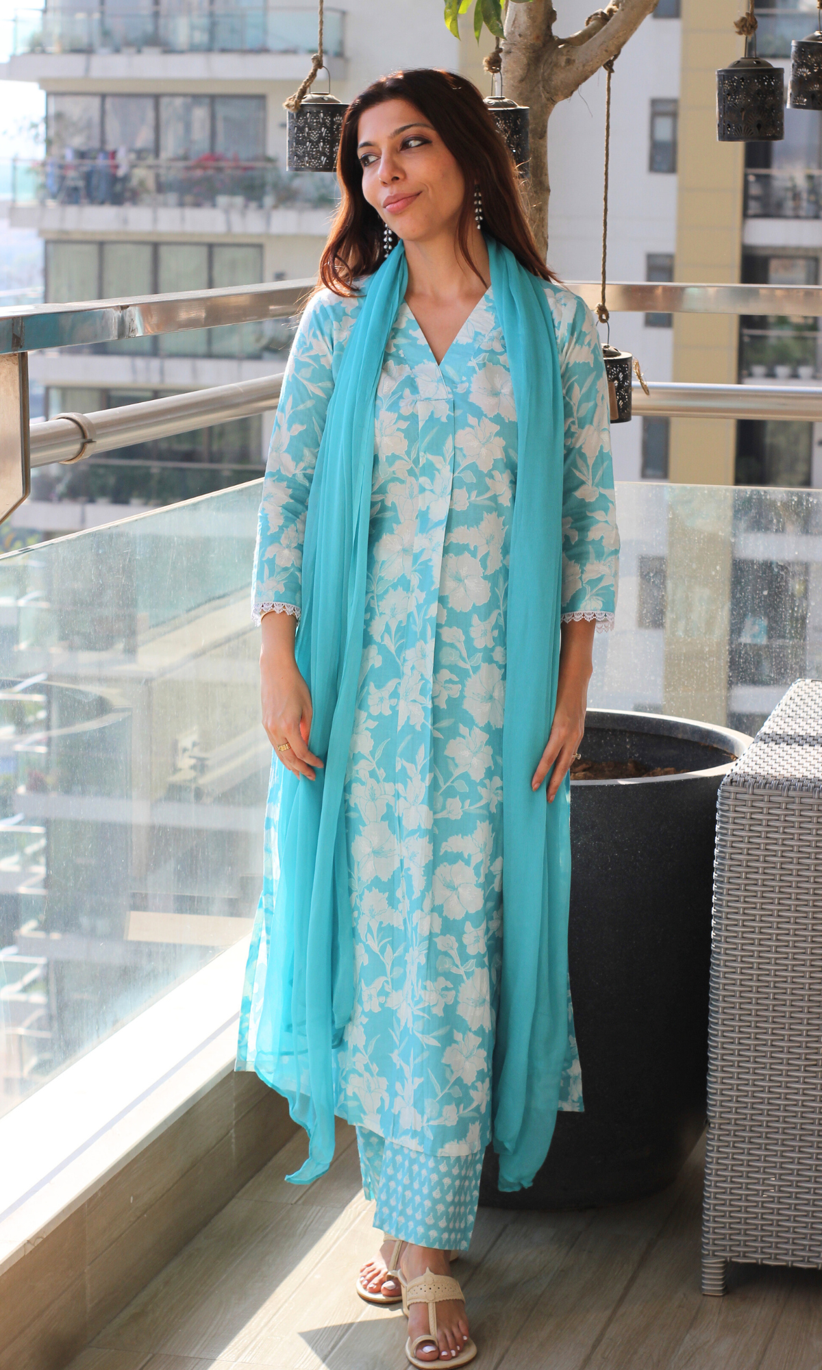 Cotton Blue Botanika Printed Suit with Chiffon Dupatta