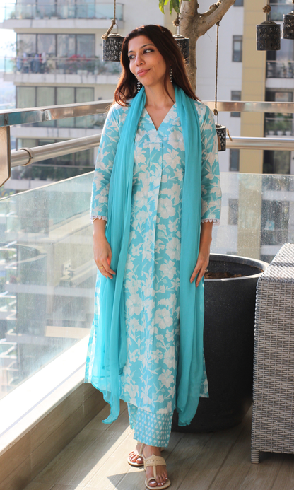 Cotton Blue Botanika Printed Suit with Chiffon Dupatta