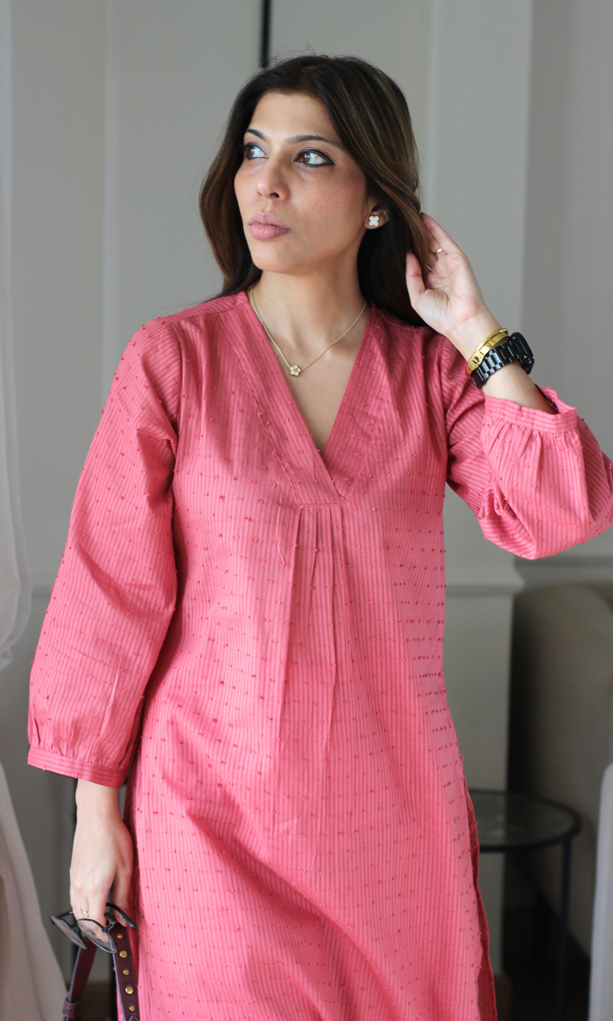 Salmon Cotton Dobby Pleated Kurta with Cotton Pants