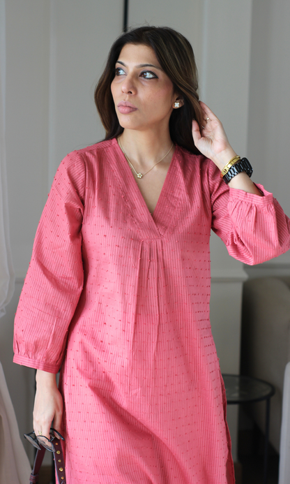 Salmon Cotton Dobby Pleated Kurta with Cotton Pants