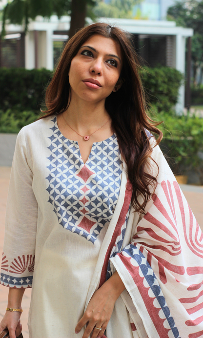 Ivorydust Blue & Red Print Linen Blend Kurta, Dupatta & Cotton Pants