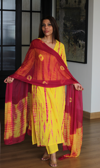 Cotton Yellow & Pink Tie & Dye Kurta, Pants & Chiffon Dupatta
