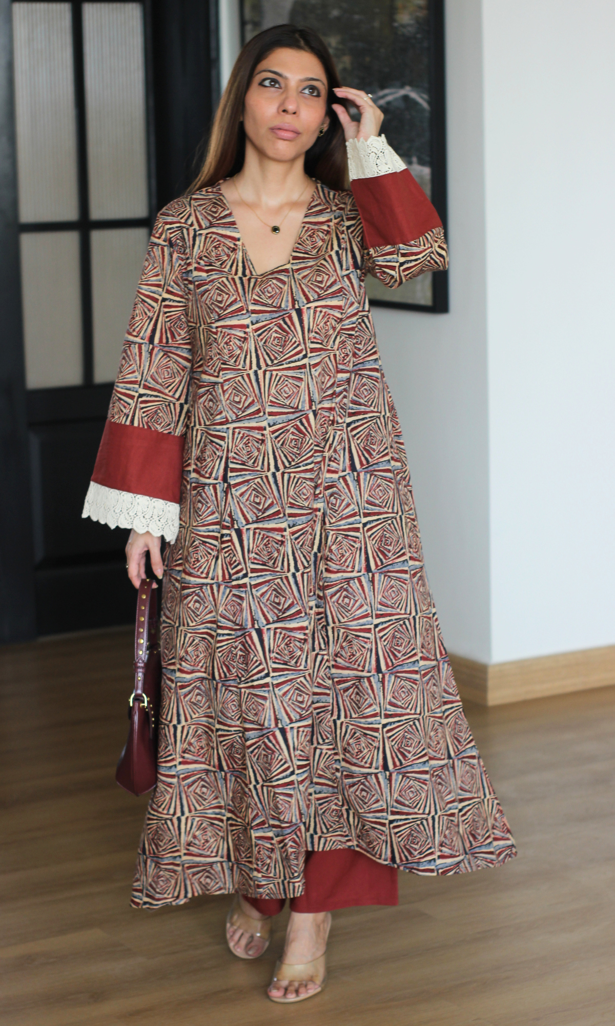 Rust Brown Geo Block High Low Kurta with Cotton Pants