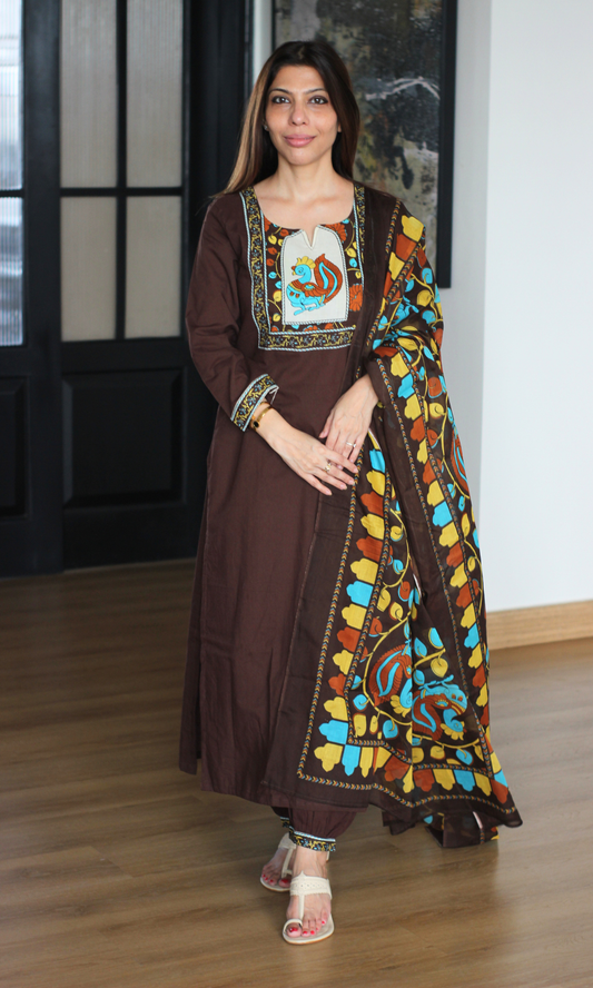 Dark Brown Motif Print Kurta, Afgani Pant & Printed Dupatta