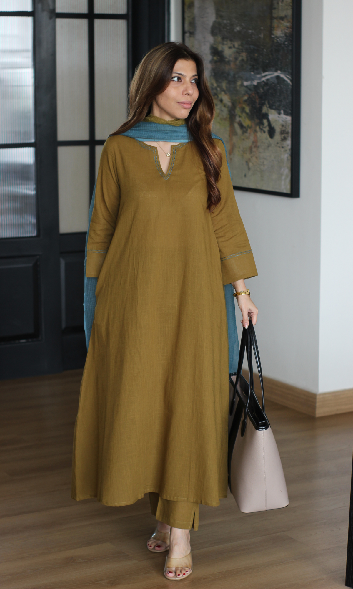 Mehandi Cotton Slub Kali Kurta, Pant & Handpainted Dupatta