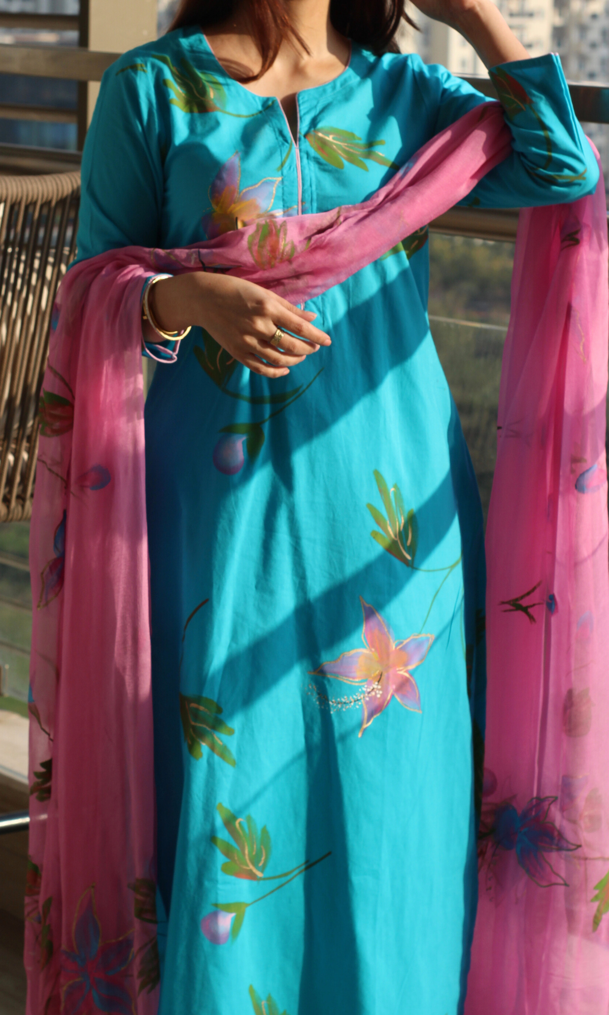 Cotton Blue & Pink  Handbrush Painted Suit with Chiffon Handpainted Dupatta
