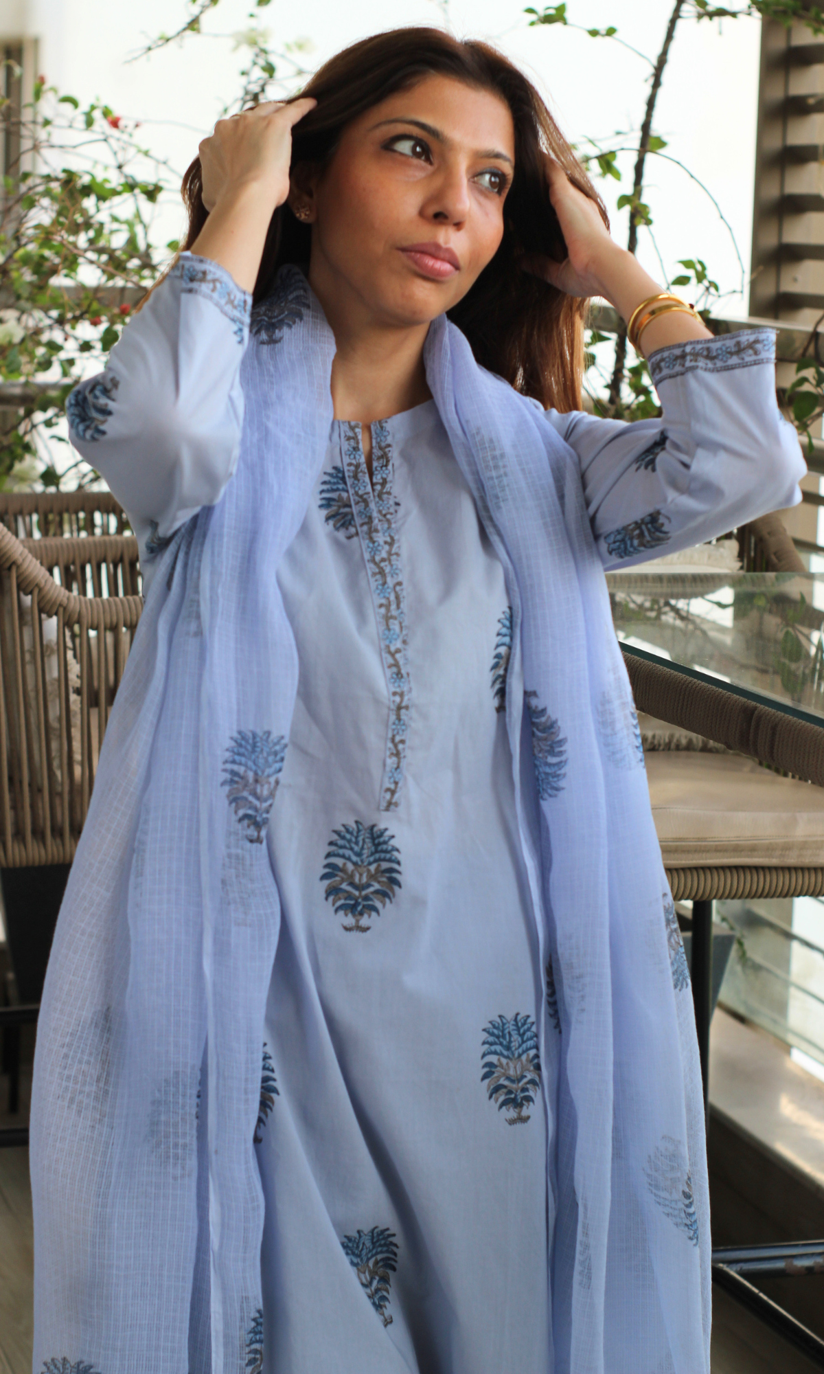 Iris Mist Cotton Mughal Print Kurta, Pant & Kota Doria Handblock Print Dupatta