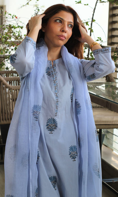 Iris Mist Cotton Mughal Print Kurta, Pant & Kota Doria Handblock Print Dupatta