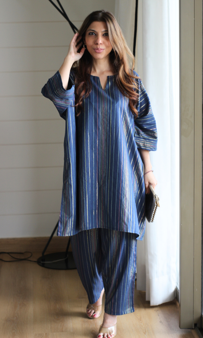 Blue Noir Cotton Lurex Kaftan Co-ord