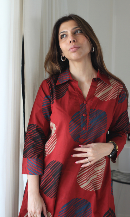 Cotton Red Circle Abstract Collared Coord