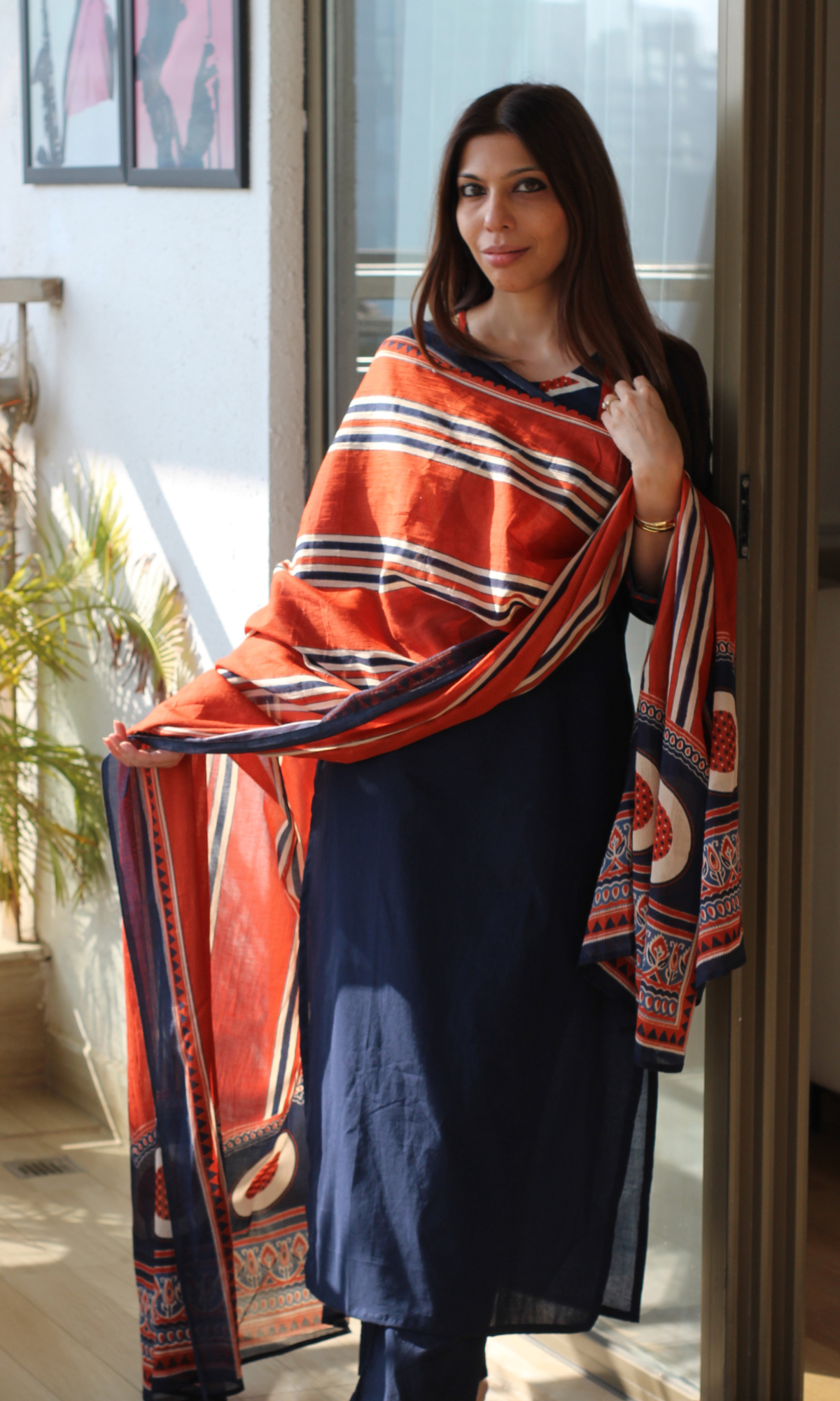 Cotton Navy Blue Motif Neck Kurta, Pant & Printed Dupatta