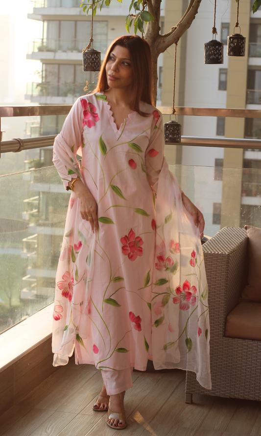 Pink & Magenta Handbrush Painted Kurta, Chiffon Handpainted Dupatta & Cotton Pants