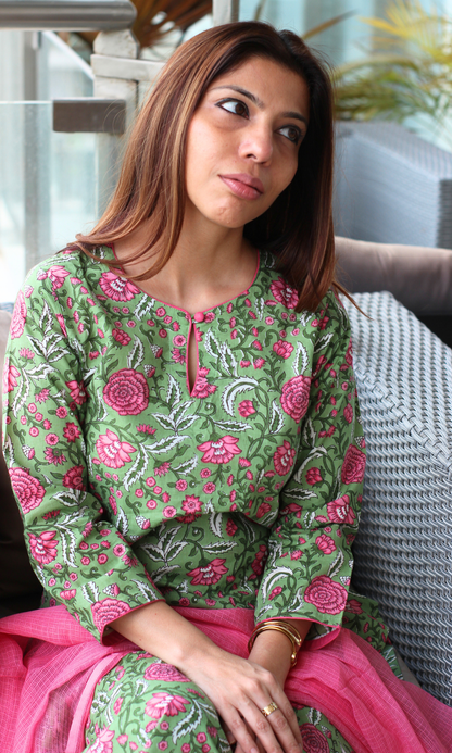 Green & Pink Block Printed Kurta, Afghani Salwaar & Ombré Kota Dupatta