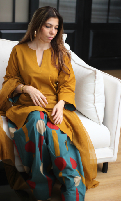 Mustard Kurta with Contrast Farshi & Kota Doria Dupatta