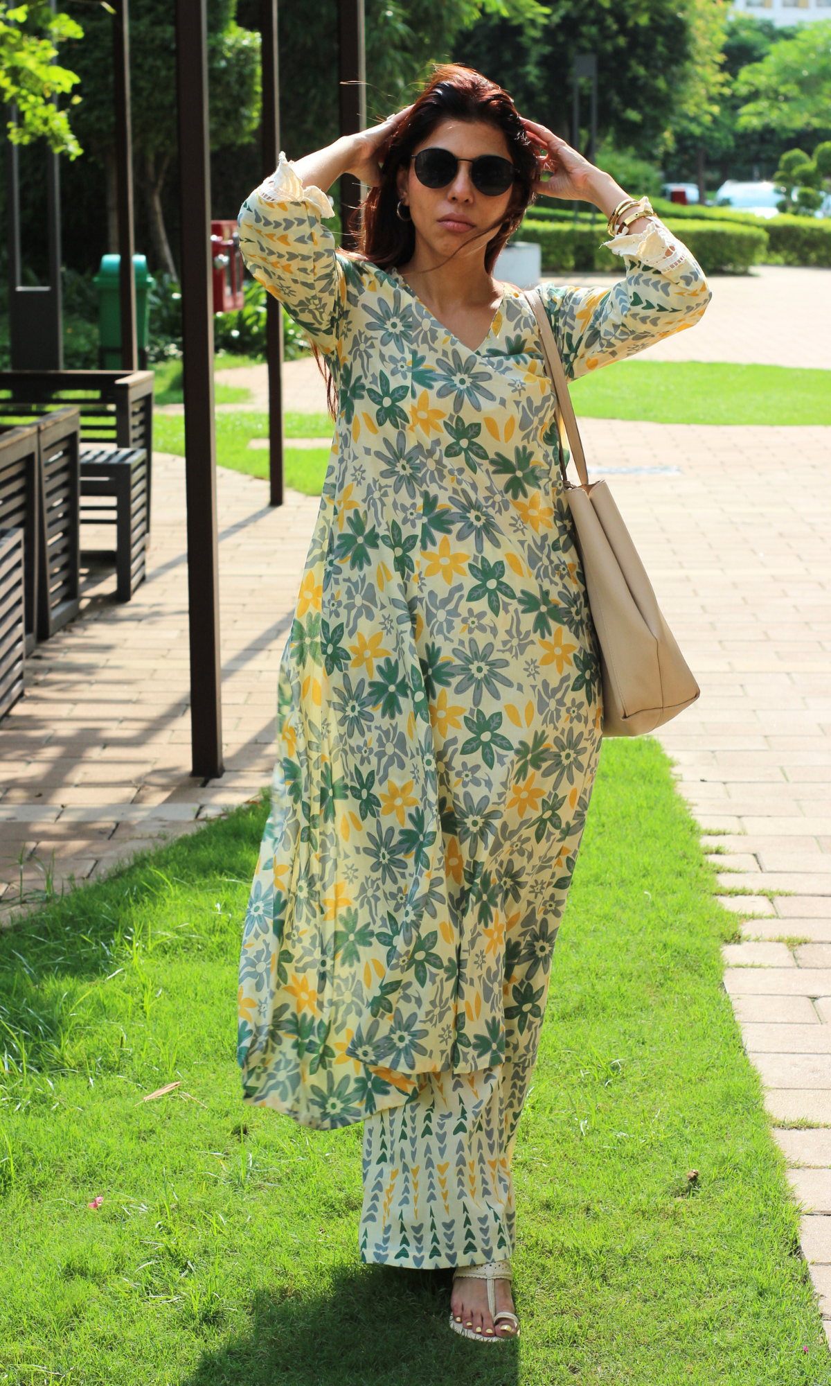Cotton Beige & Green Floral Haze Printed High Low Kurta & Pant