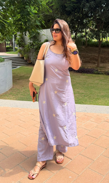 Lavender Embroidered Flower Kurta with Pants