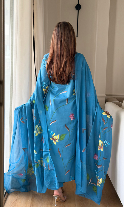 Nile Blue Handbrush Painted Kurta, Cotton Pants & Handpainted Dupatta