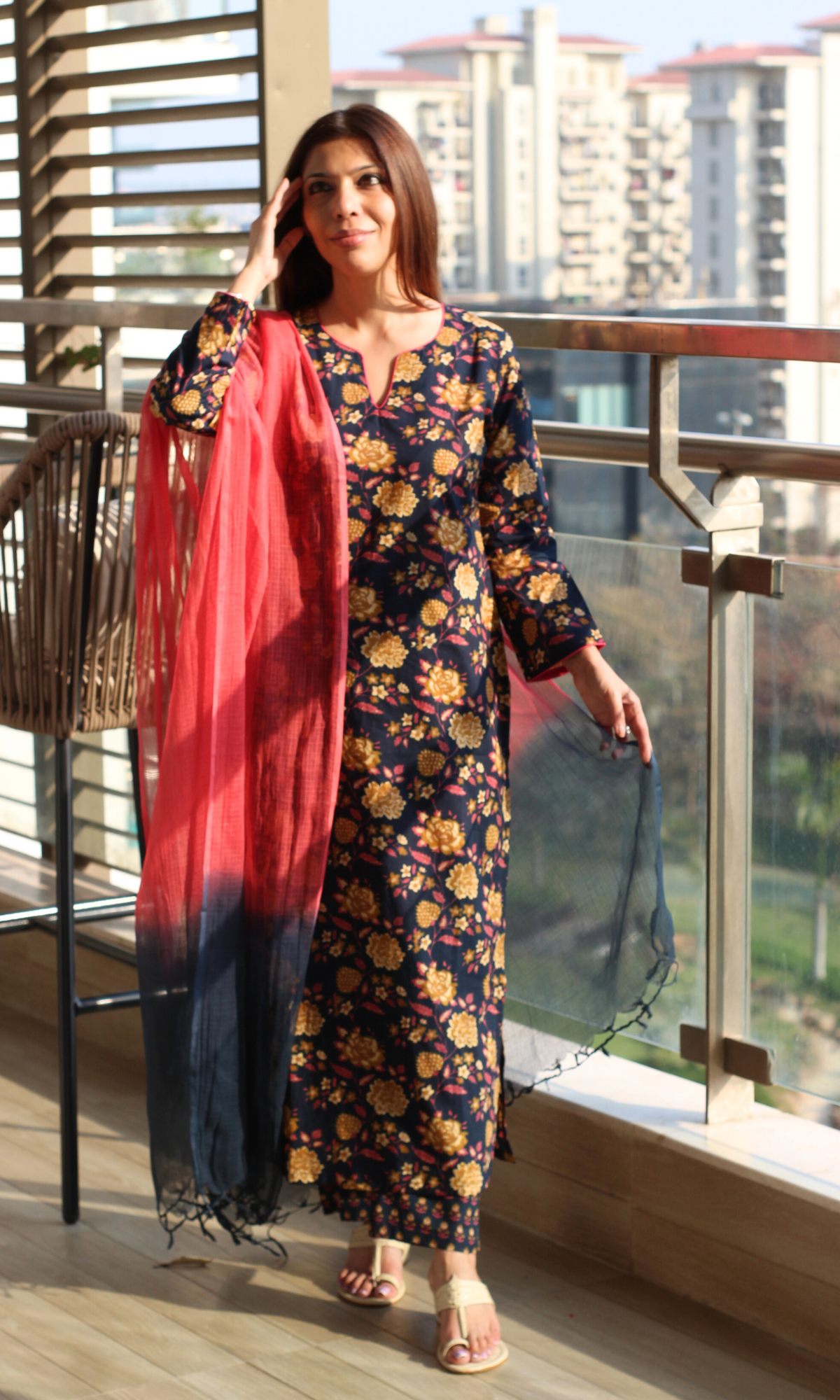 Mehfil Midnight & Pink Block Printed Cotton Kurta, Pant & Ombré Kota Doria Dupatta