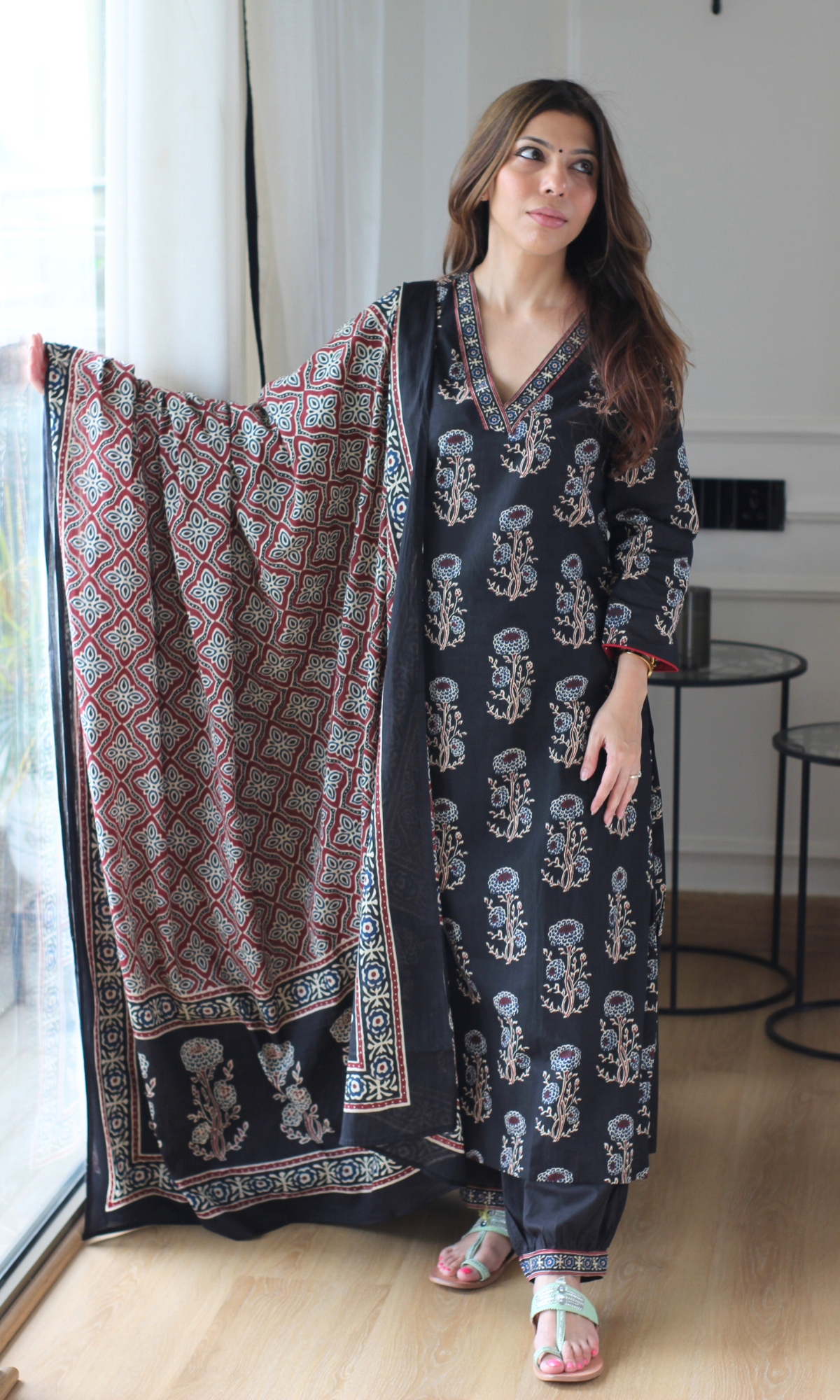 Gauhar Phool Block Print Kurta, Cotton Printed Dupatta & Afghani Pants