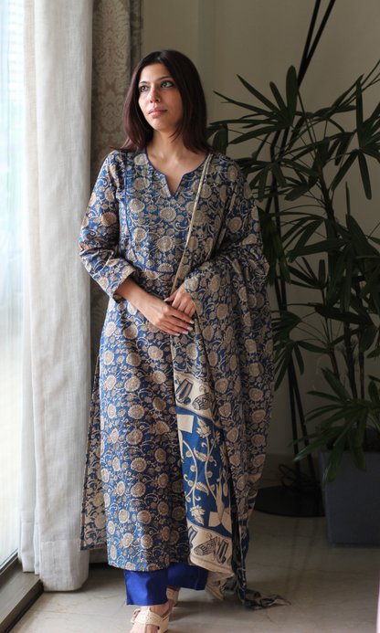 Cotton Neel Handblock Kalamkari Print Kurta, Dupatta & Cotton Pants
