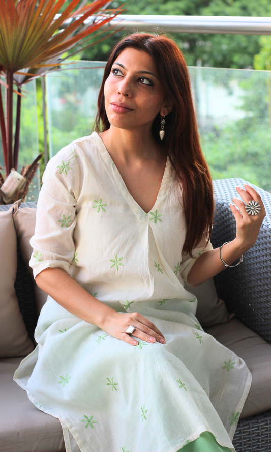 Kora Green Flowers Embroidered Pleated Kurta & Pants
