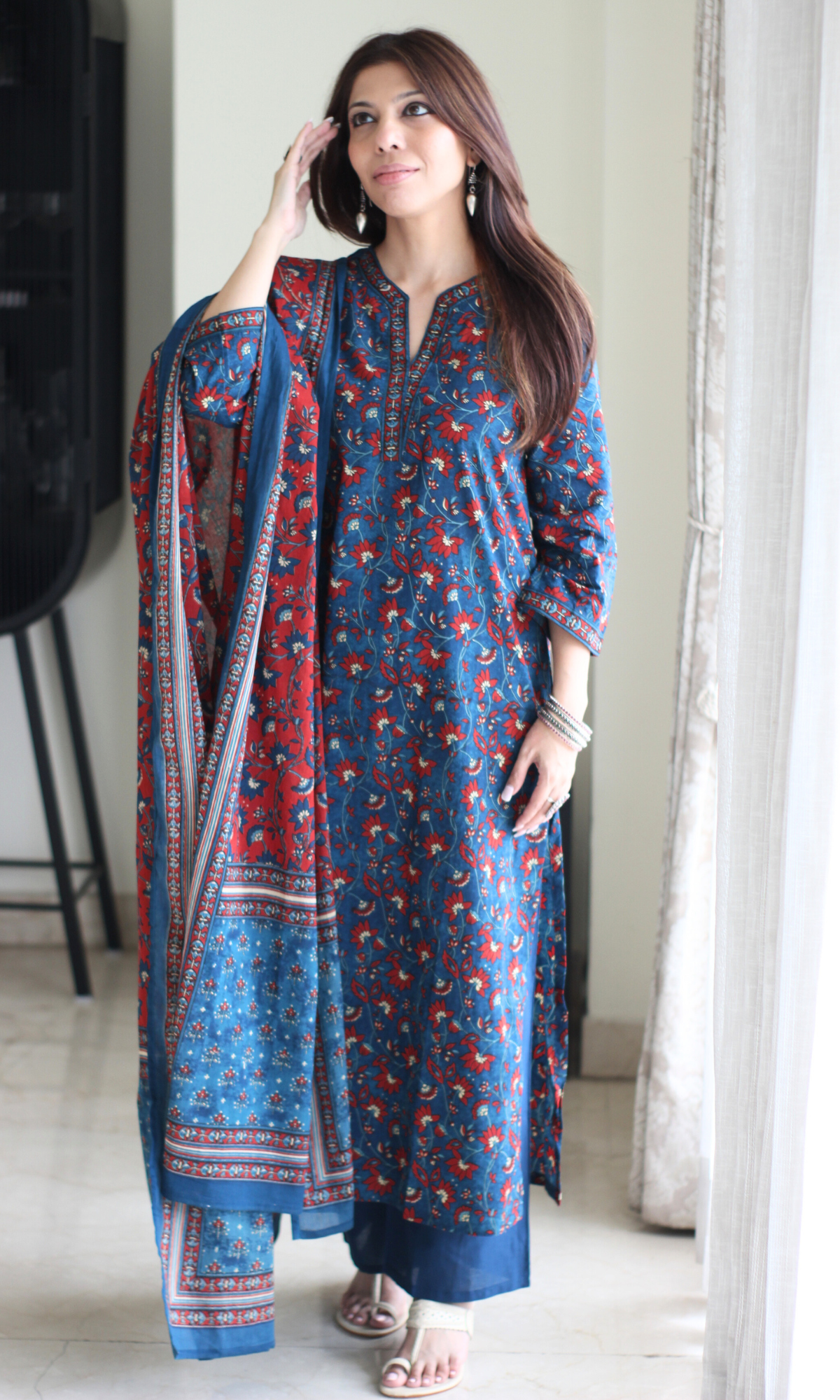 Neelam Blue & Red Block Printed Kurta , Dupatta & Cotton Pants
