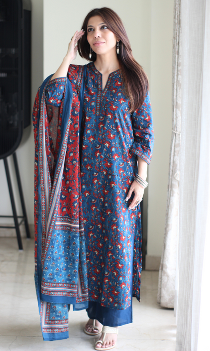 Neelam Blue & Red Block Printed Kurta , Dupatta & Cotton Pants
