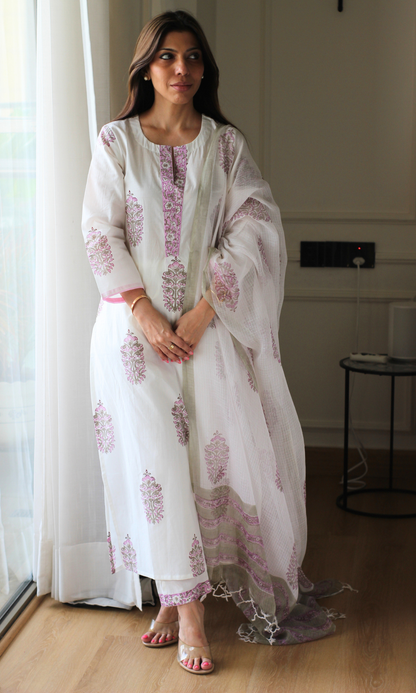 Suhaani Mughal Pearl Cotton Kurta , Pant & Kota Doria Handblock Print Dupatta