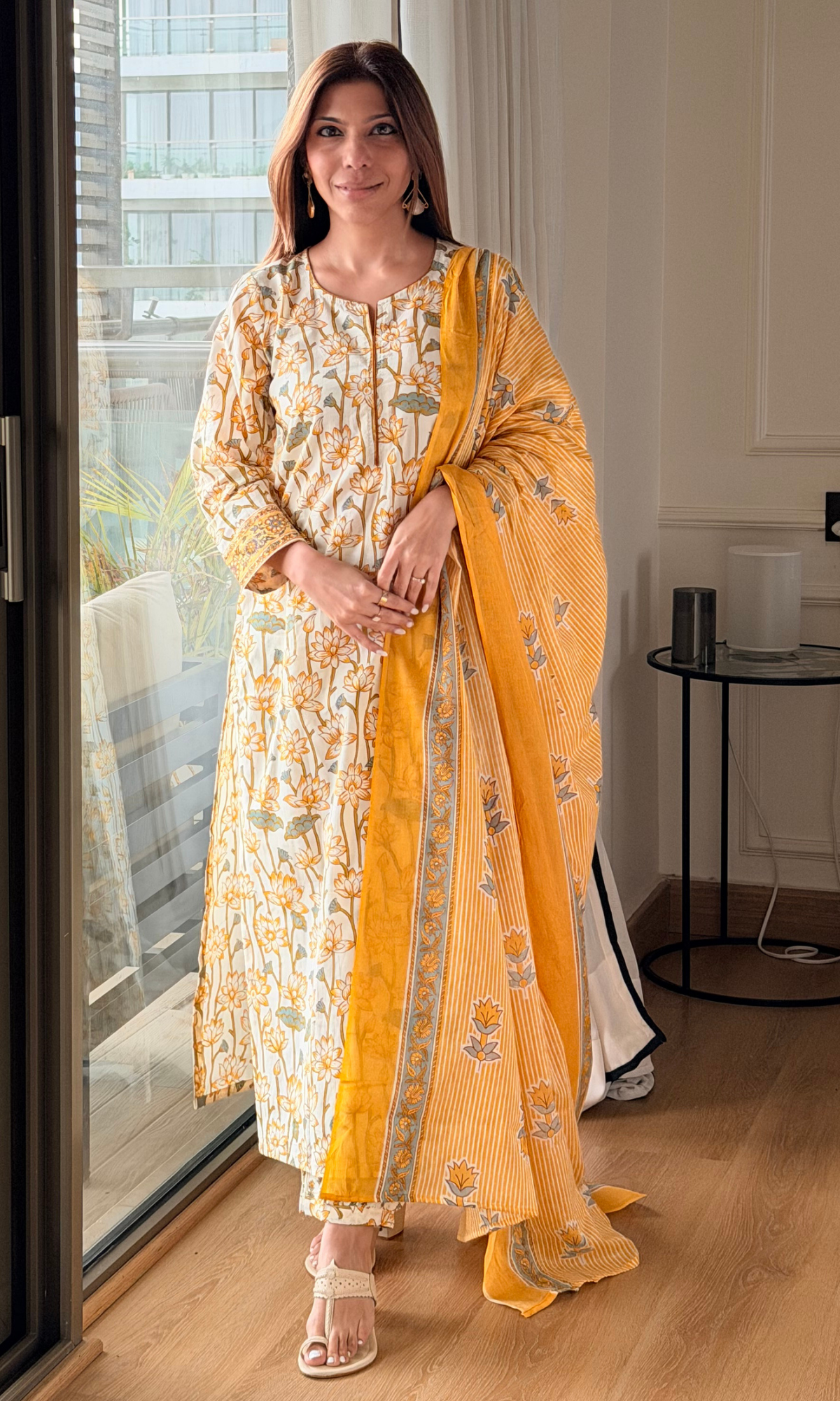 Meera Yellow Floral Kurta, Afgani Pants & Printed Dupatta