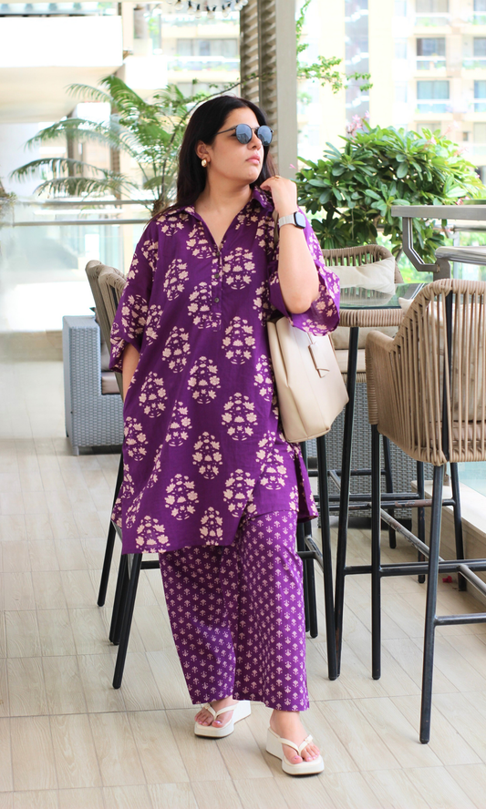 Purple Bloom Collard Anti Fit Cotton Co-ord