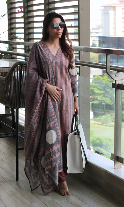 Linen Blend Mocha Striped Print Kurta ,Dupatta with Cotton Pants