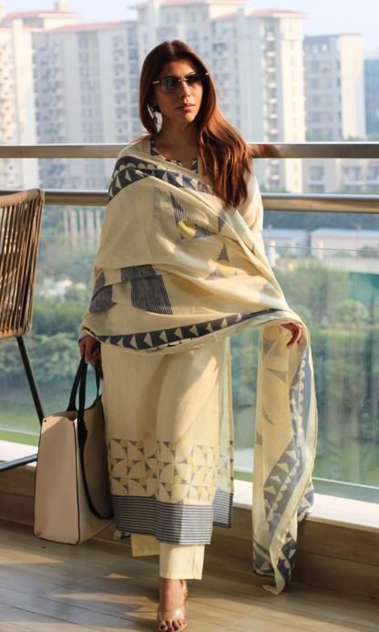 Linen Blend Butter Yellow Abstract Print Kurta , Dupatta & Cotton Pants
