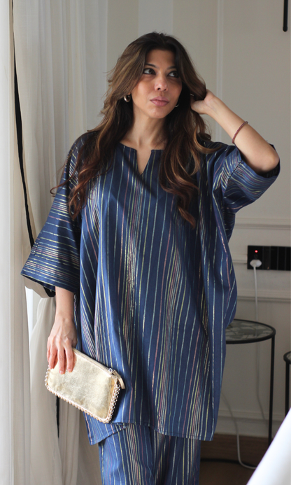 Blue Noir Cotton Lurex Kaftan Co-ord