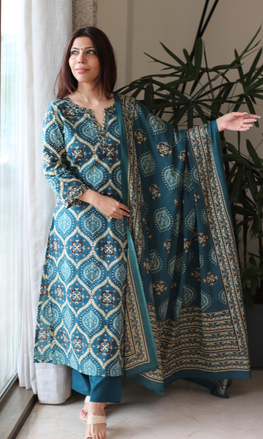 Teal Royale Ajrakh Print Cotton Kurta, Dupatta & Plain Pants