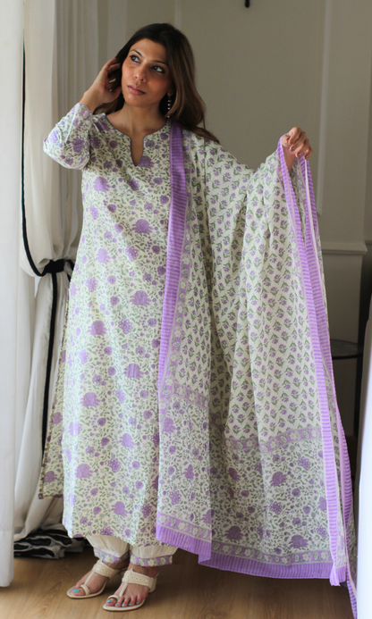 Lavender Garden Block Print Cotton Kurta, Afghani Pant and Mul Printed Dupatta