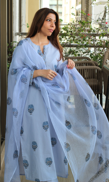Iris Mist Cotton Mughal Print Kurta, Pant & Kota Doria Handblock Print Dupatta