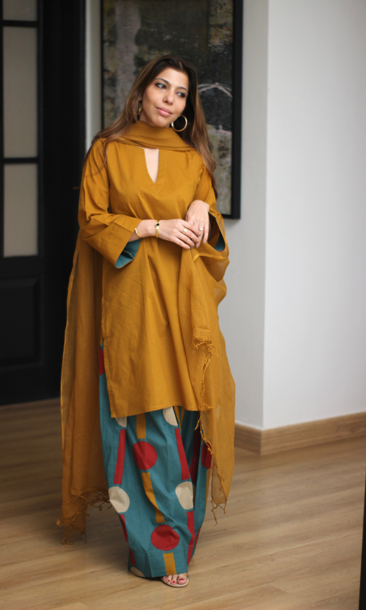 Mustard Kurta with Contrast Farshi & Kota Doria Dupatta